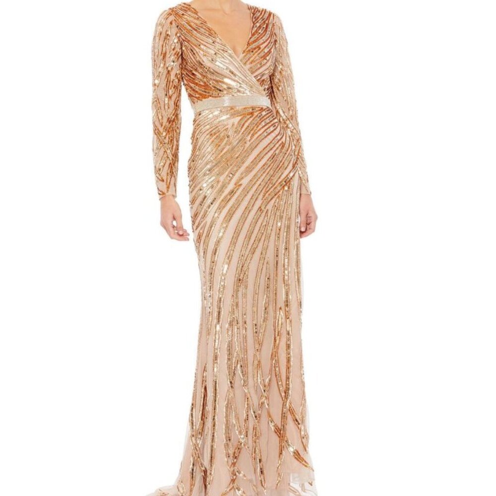 NWT Mac Duggal Long Sleeve Sequin Streaked Copper Dress 5438